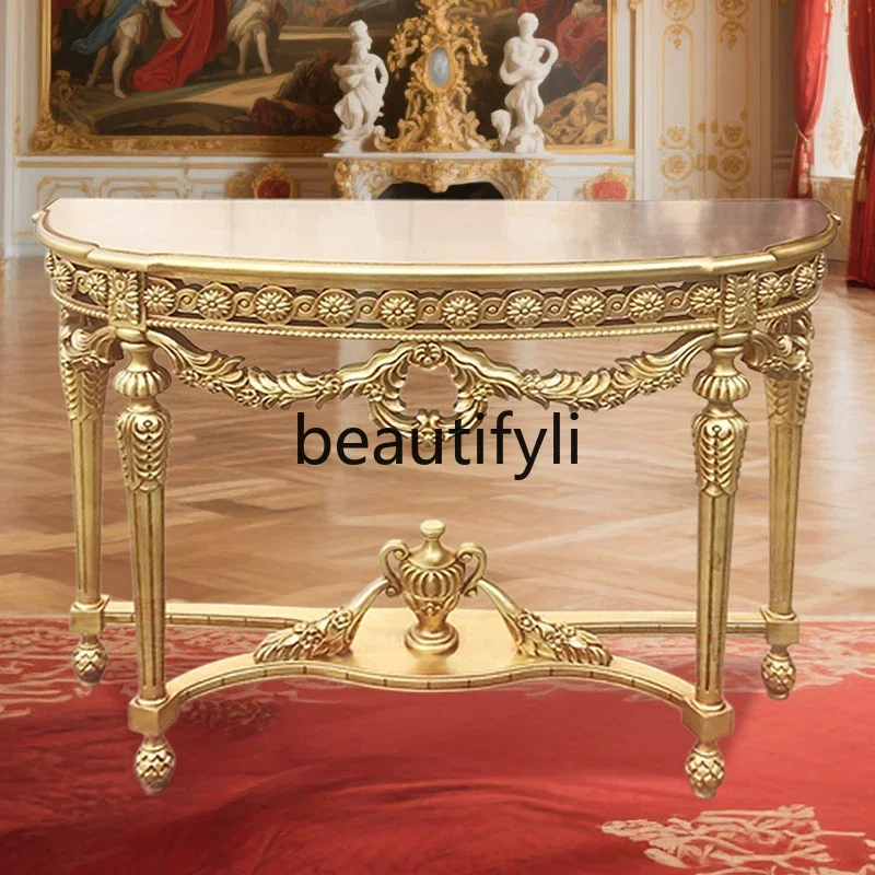 

French all-solid wood champagne gold retro carving, gold foil old craftsmanship luxury foyer entrance table45