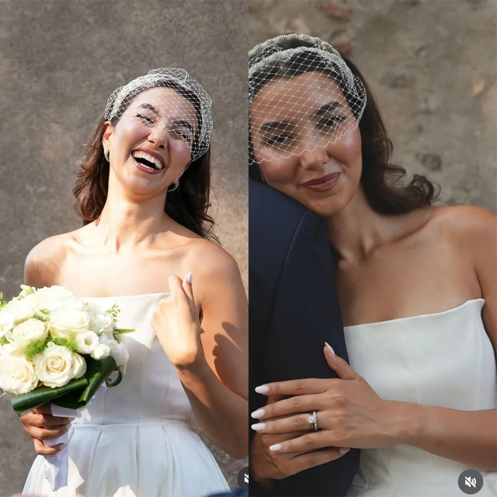 Customized Temperament White Satin Wedding Dress High Quality Strapless Sleeveless Court Train Backless Ruched Bridal Gowns