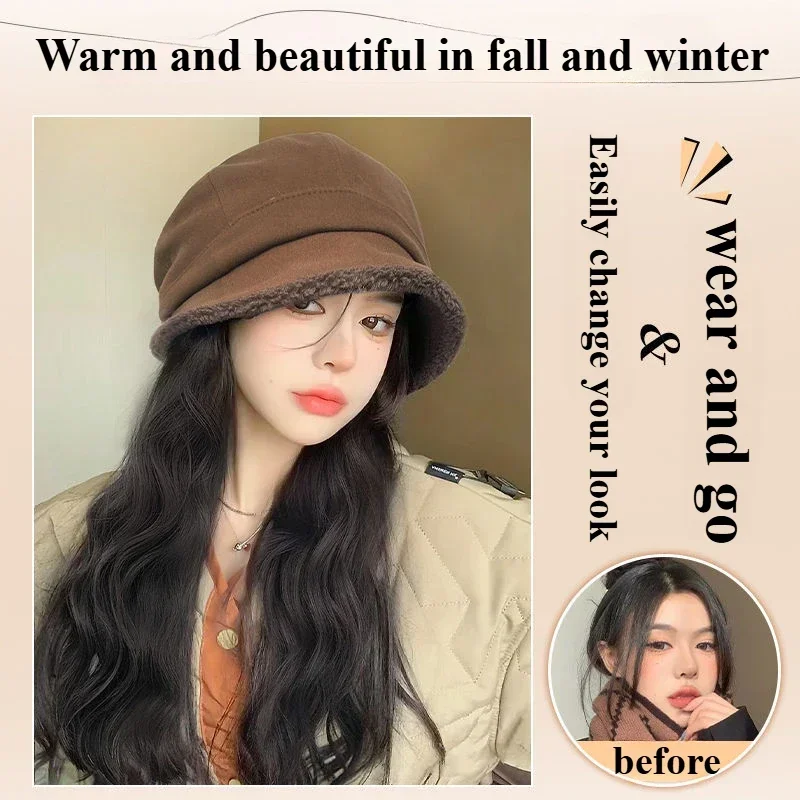 Brown Wig with Hat All-in-one Women Fall and Winter Fashion Melad Wind Long Curly Hair Fisherman Octagonal Hat Wear and Go