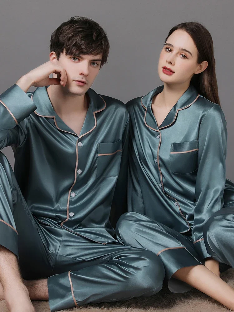 New heavyweight sleepwear women's long sleeved couple set 100% mulberry silk home clothing
