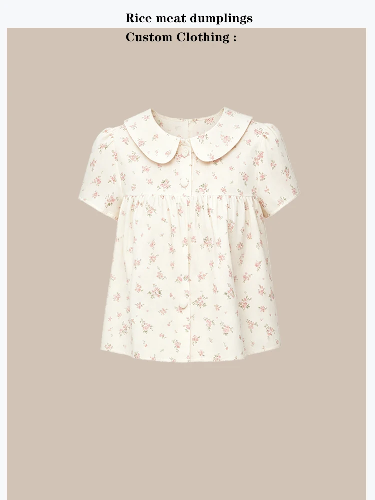 Top de manga corta con cuello Peter Pan y estampado floral de verano para mujer, camisa informal holgada y bonita, diseño de copo de nieve de encaje de estilo coreano