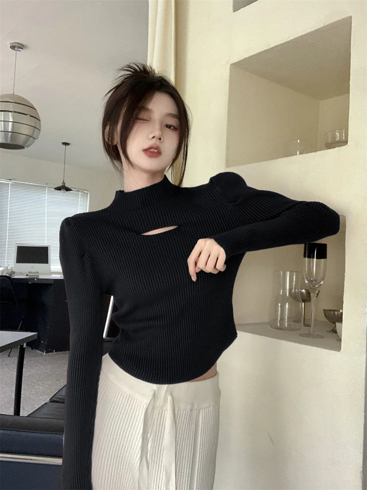 

Красный облегающий трикотажный базовый костюм с вырезами, женский осенне-зимний модный внутренний костюм, топ, трикотаж с высоким воротником