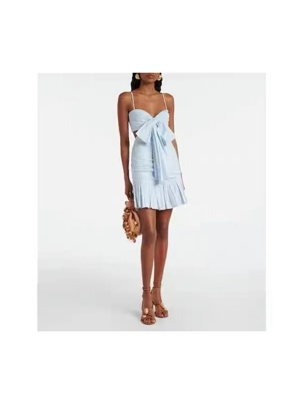 Blauer Wickel um, figurbetontes Dr mit Schleifenknoten vorne und Ba-Taille, leichte, luxuriöse Sle-Baumwollgaze für den täglichen Gebrauch