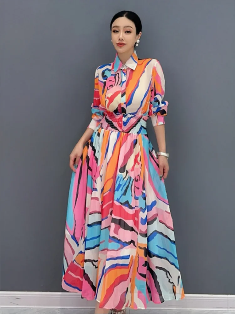 Vefadisa Color 2024 Summer New Women Printed Set Lapel Long Sleeved Shirt A-line Skirt Two-piece Loose Fashion Suit ZXY650A