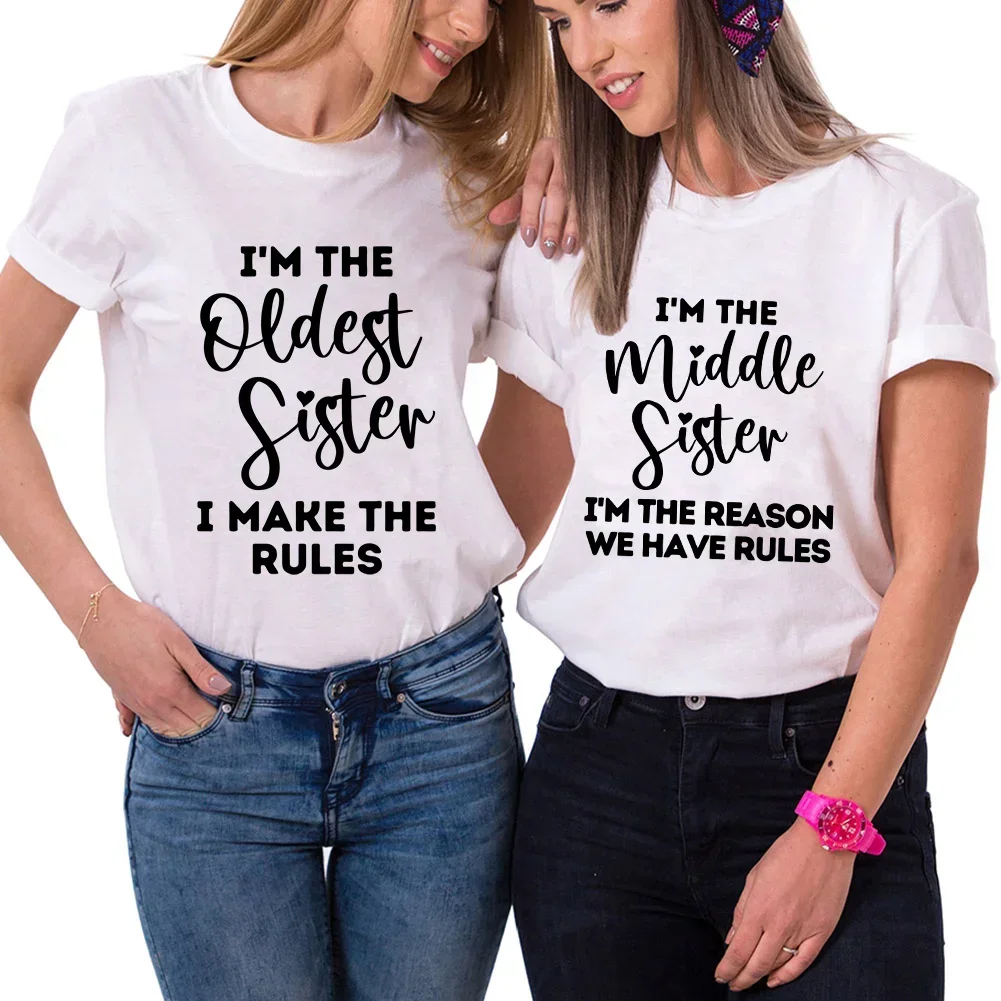 Camiseta con estampado de la hermana mayor I Make The Rules para mujer, ropa de manga corta, camiseta para mujer, camisetas divertidas para hermanos y hermanas