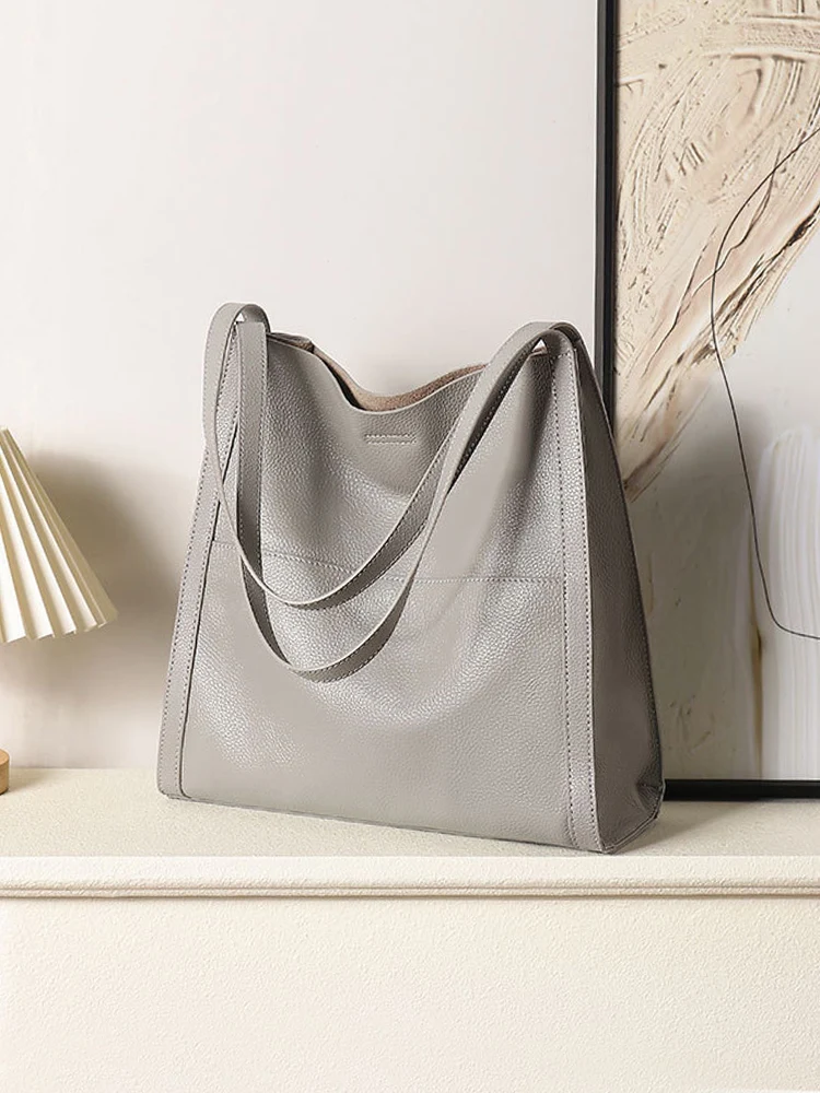 Zency Torba typu tote ze skóry naturalnej, torba na ramię, duża pojemność, luksusowa damska torebka ze skóry bydlęcej, prosta modna torba typu bucket. — zdjęcie 3