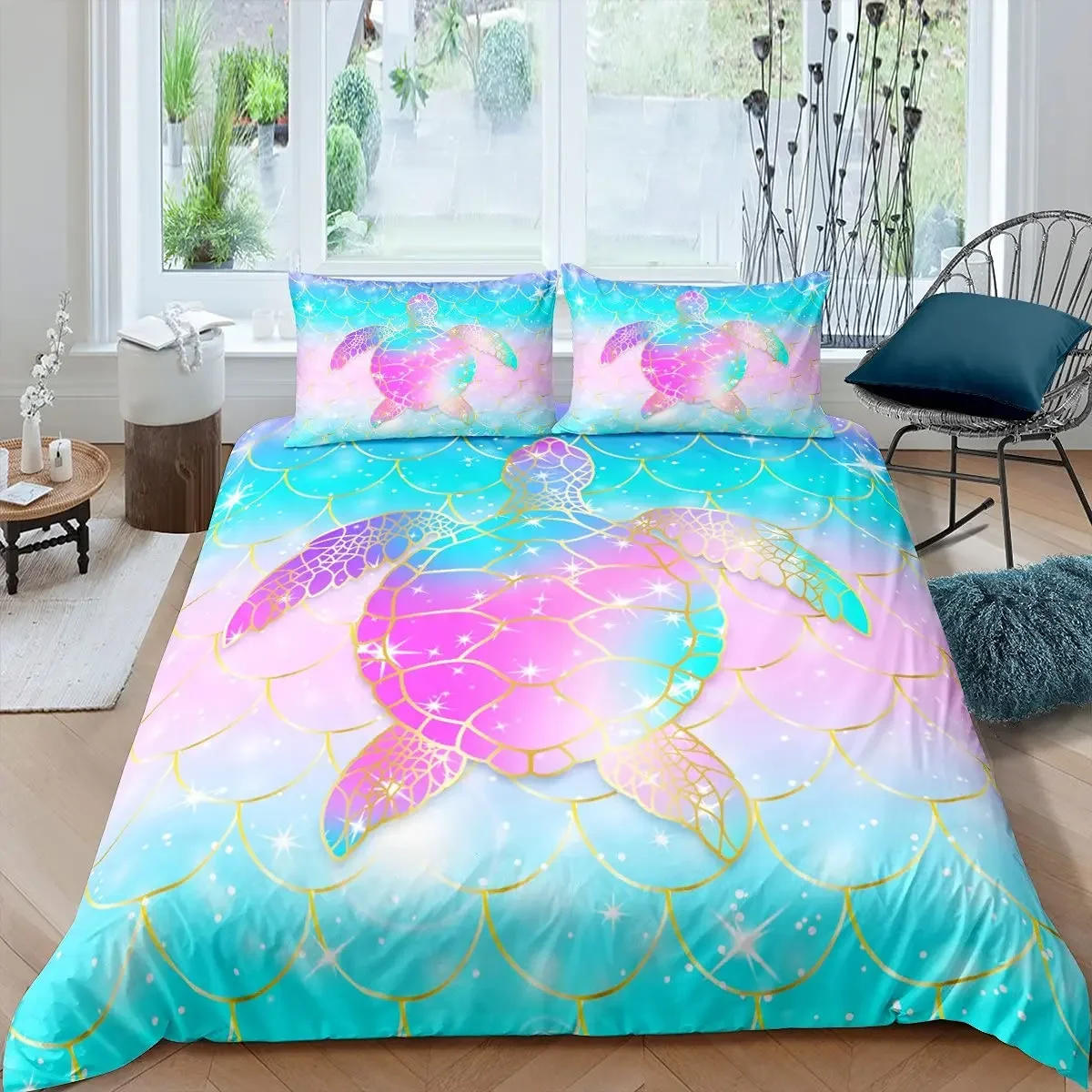 Girls Fish Scale Duvet Cover Full Queen Size Mermaid Fish Scale Bedding Set Sea Animal Print Comforter Cover for Kids Boys Girls