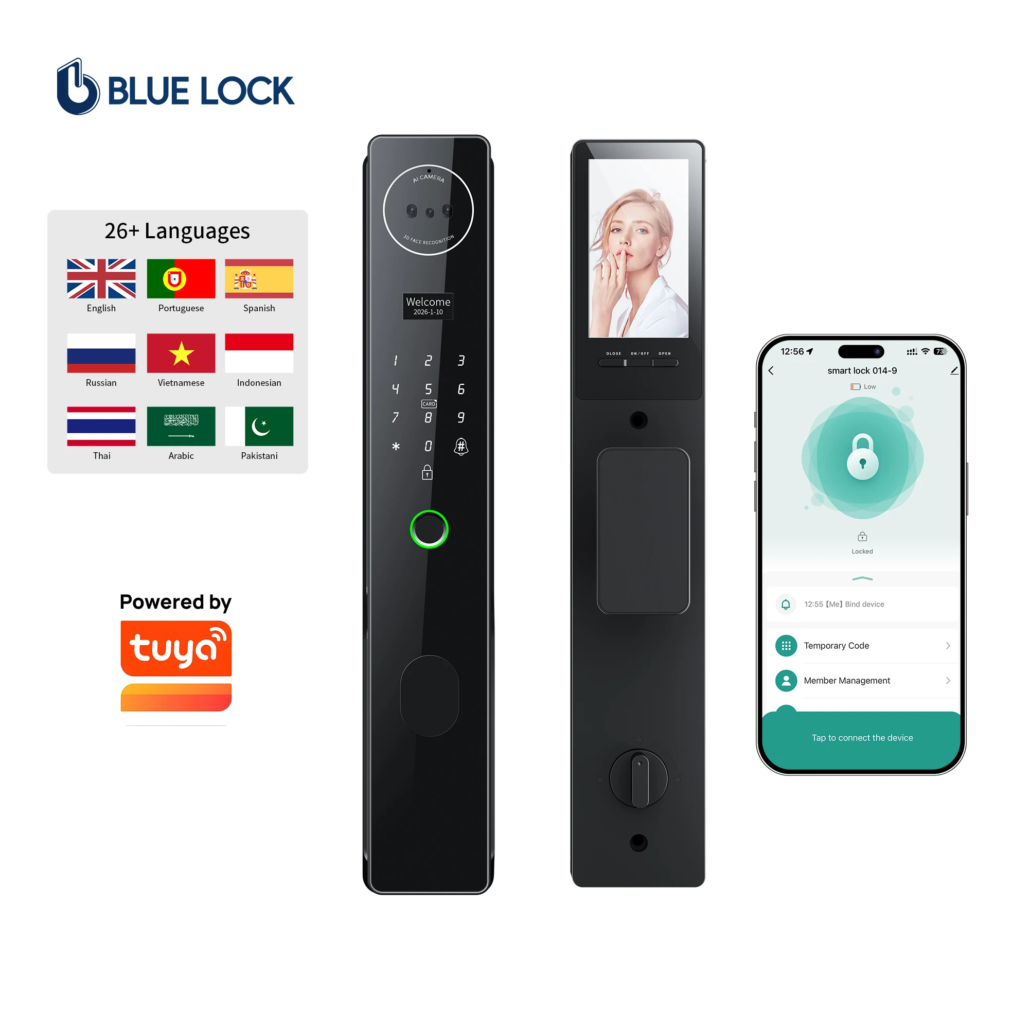 Video Door Lock With Camera Peephole - Bluelock 3D顔認証スマートロック、指紋認証、Tuya対応ビデオインターホン、緊急充電ポート、CE認証取得