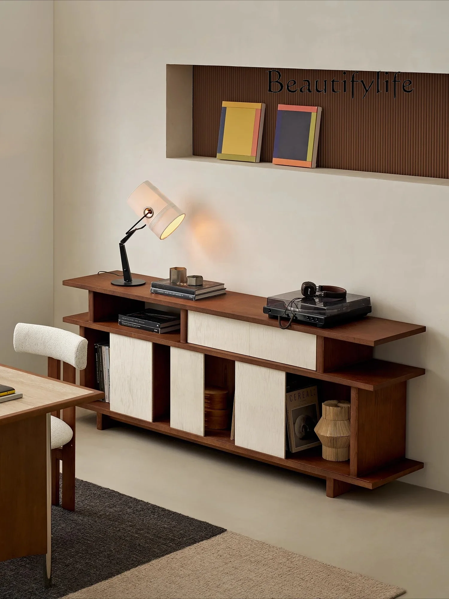 JJ Empty Edge Cabinet Retro Solid Wood Living Room Storage Household Drawer Cabinet Sliding Door Dining Side Cabinet