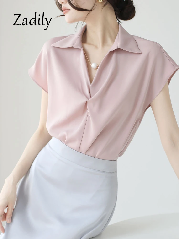 Zadily 2023 Summer Office Lady Short Sleeve Women Chiffon White Shirt Korea Style Folds Elegant Work Woman Blouse Female Tops