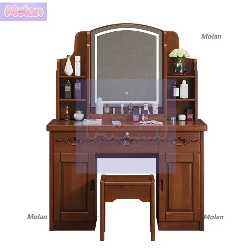 

Chinese solid wood dresser drawer with lock, simple modern log Internet celebrity makeup mirror with light, large-capacity