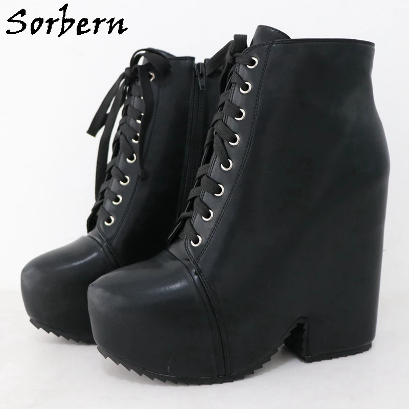 

Sorbern Custom Block Heel Boots Women Shoes Unisex Big Size Us5-18 Short Booties Thick Platform Lace Up Shoes Fetish Multi Color