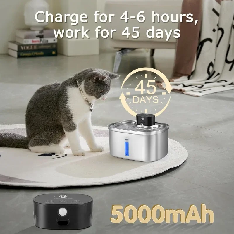 

5000mAh Battery Cat Water Fountain Automatic Sensor Stainless Steel Cat Dog Water Fountain Multiple Pet Drinking Bowls