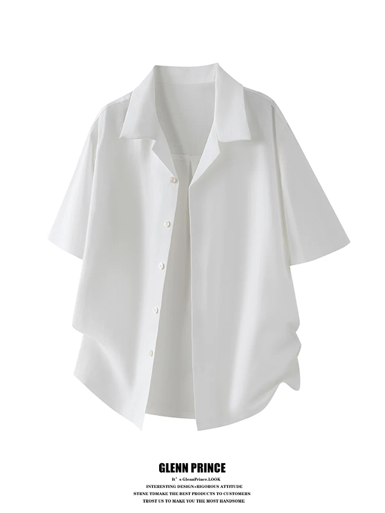 

GPstudio Мужская летняя повседневная свободная рубашка из японского льна с кубинским воротником и коротким рукавом, белая