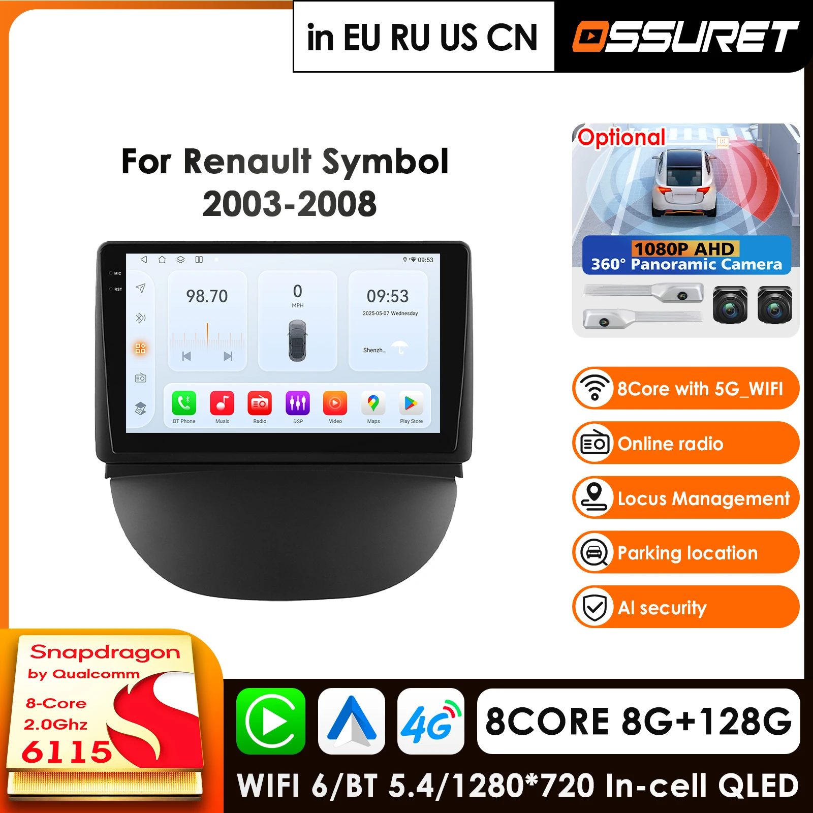 

9-дюймовый автомобильный радиоприемник для Renault Symbol 2003-2008, аудио-мультимедийный плеер, CarPlay, Android Auto, GPS, Bluetooth, WIFI, FM, RDS, автомагнитола с AI