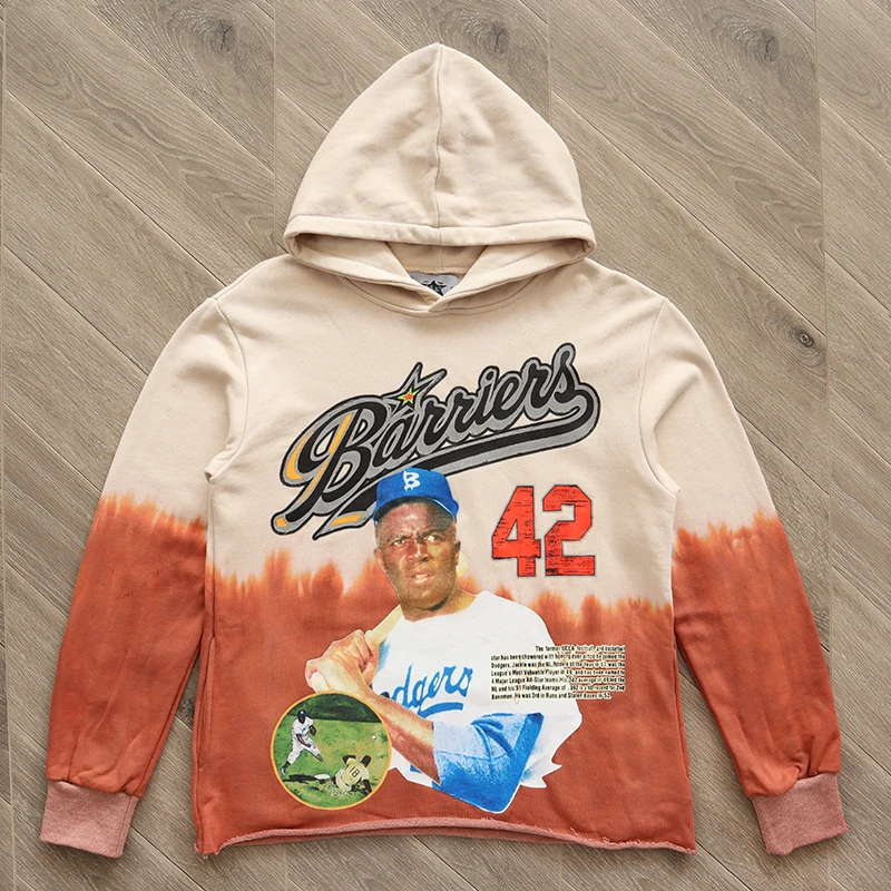 

Bers NY Jaie Robinson Dyed Hoodie Baseball Character Men's Sweatirt Casual Straight Fit Printed Youth Autumn Faion