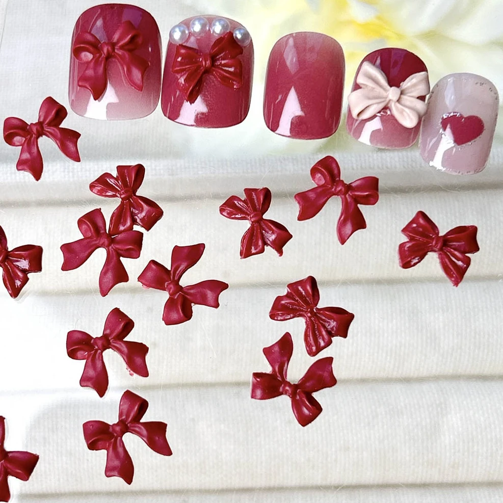 50 pçs borgonha 3d acrílico arco arte do prego encantos vinho vermelho bowknot acessórios para manicure decoração unhas suprimentos material