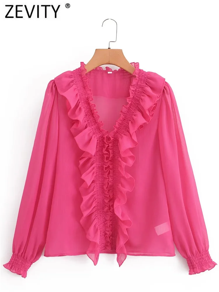 Zevity Women Fashion V Neck Cascading Ruffles Solid Chiffon Blouses Lady Chic Long Sleeve Elastic Slim Shirt Blusas Tops LS330