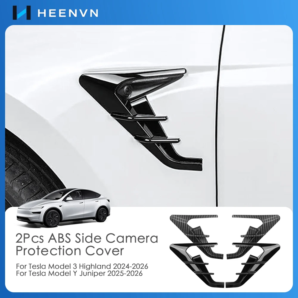 Heenvn 2Pcs Side Camera Cover For Tesla Model Y Juniper Launch Model 3 Highland 2026 2025 ABS Leaf Board Dash Cam Protect Kit