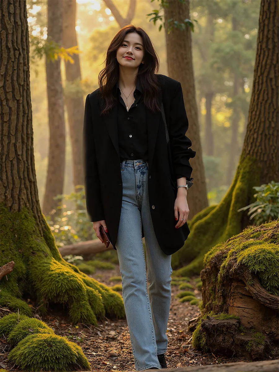 

Женские современные блейзеры, черно-белые отложные воротники, без пуговиц, Casaco, с двойными буквами, с прямыми ногами, с лепестками живота, Ulzzang