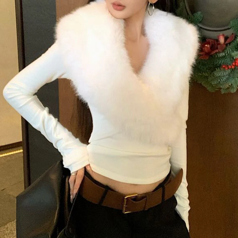

Cross Winter Premium Autumn and Winter White Feeling Hair Collar T-Shirt Slim and Skinny Spice Girl Bottom Top Long Sleeve