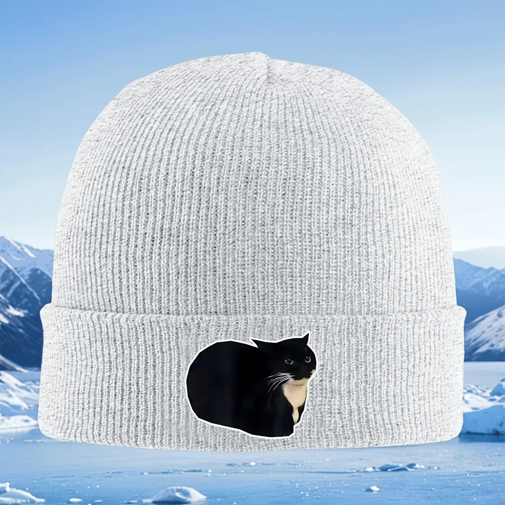 أبيض وأسود القط التوضيح يجلس الرجال النساء للجنسين محبوك قبعة قبعة صوفية قبعة الشتاء الحرارية الدافئة عيد الميلاد في الهواء الطلق
