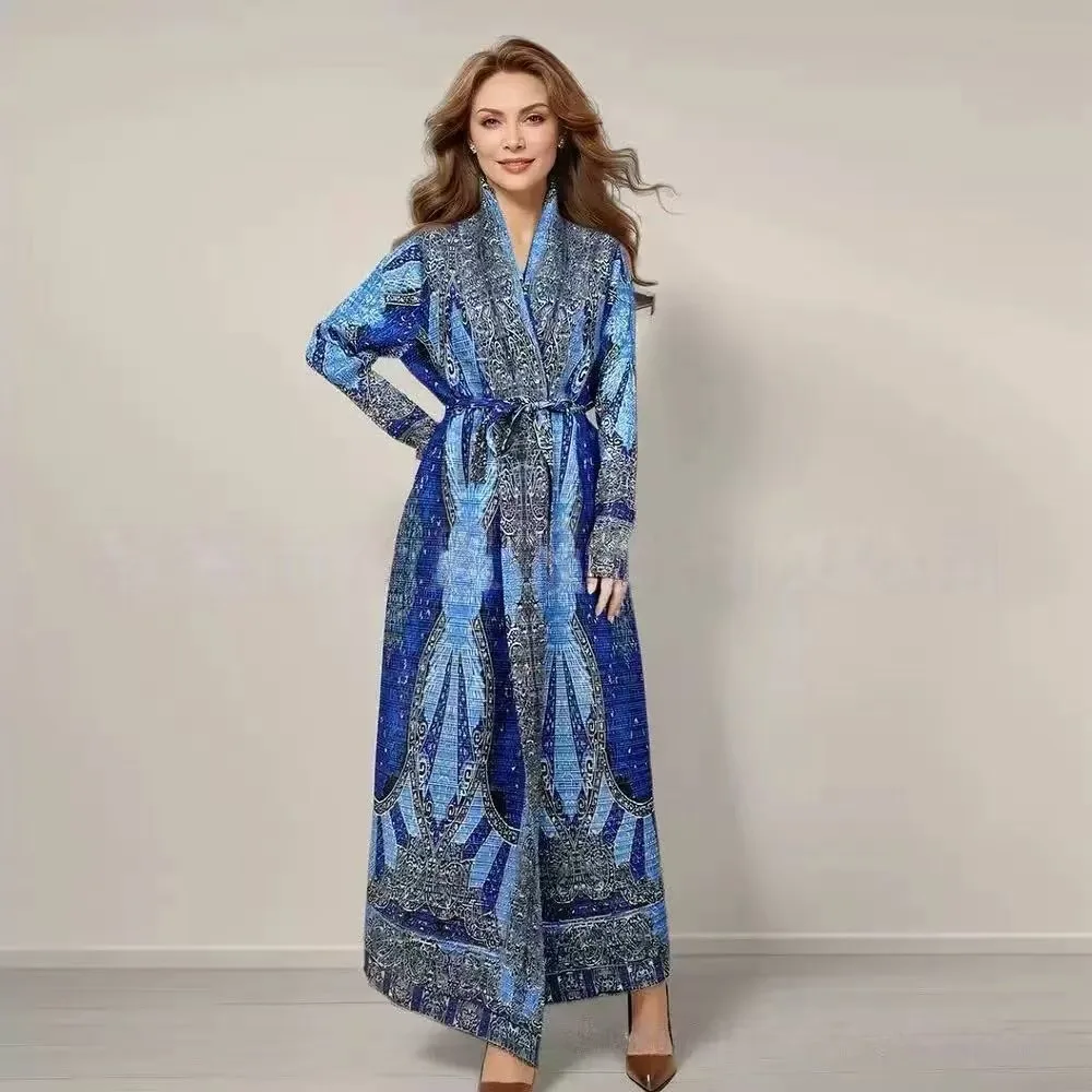 2025 Winter Pleated New Printed Long-sleeved Cardigan Muslim Robe Trench Coat Women's Clothing