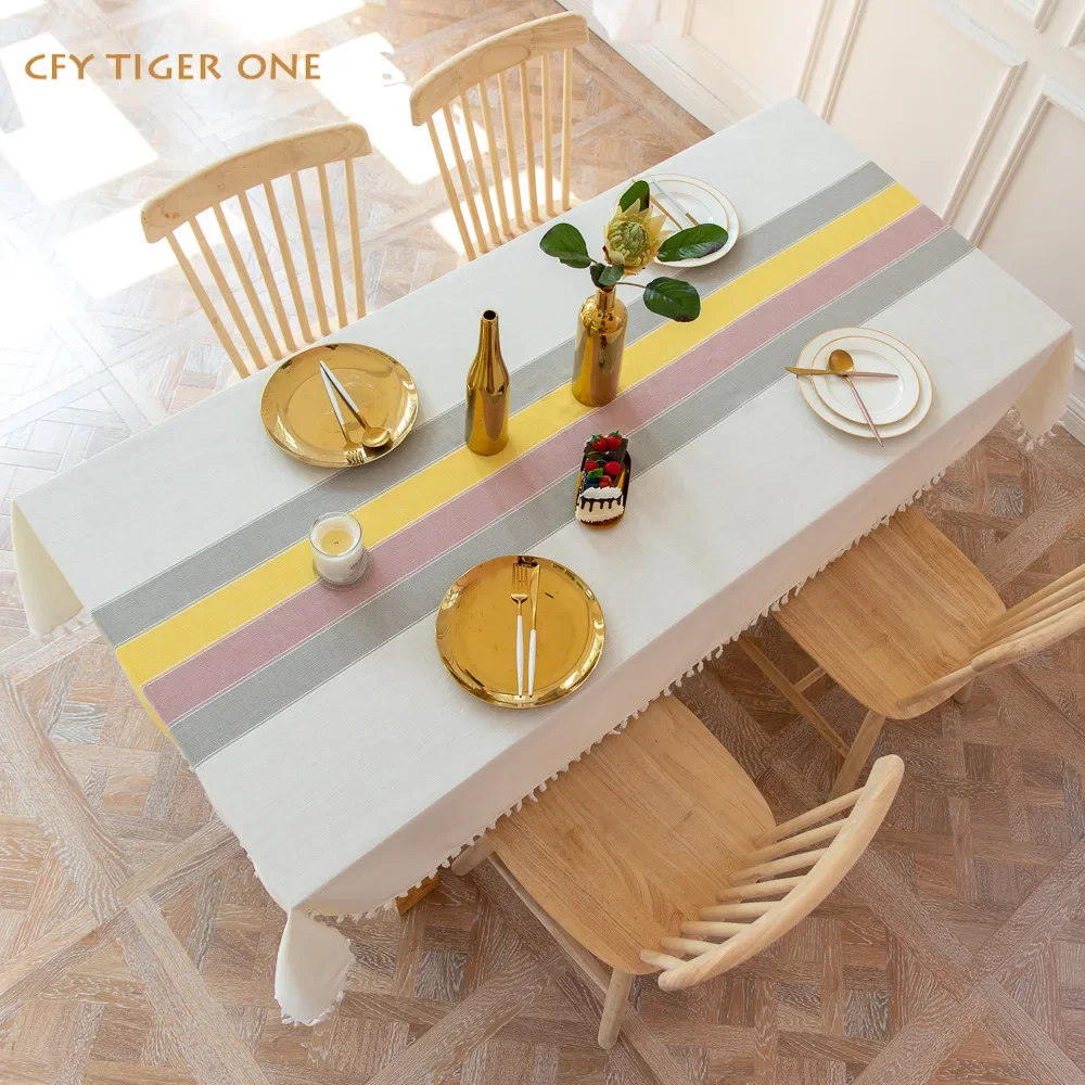 

European Stripe SplicingTablecloth Antifouling Rectangular Tablecloth Washable and Oil Resistant Coffee Table Mat Table Cover