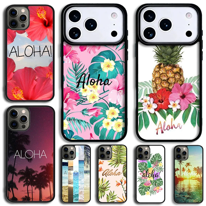 Funda de silicona a prueba de golpes con diseño de hoja de palma verde y Aloha para iPhone 14 Pro Max 15 13 12 16 17 Pro 11