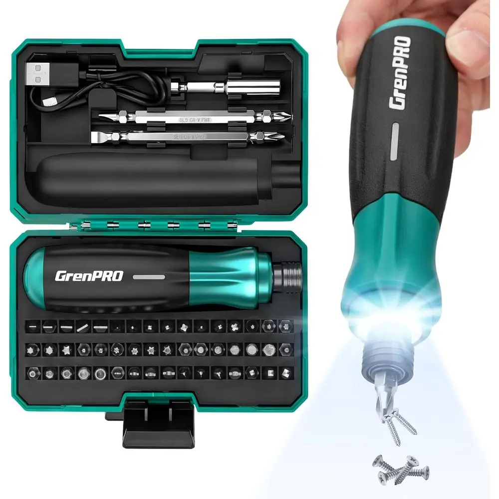 

Rechargeable Cordless Screwdriver Set with 51 Magnetic Bits, LED Light, USB Charging Cable & Carrying Case, Ideal for Home Repai