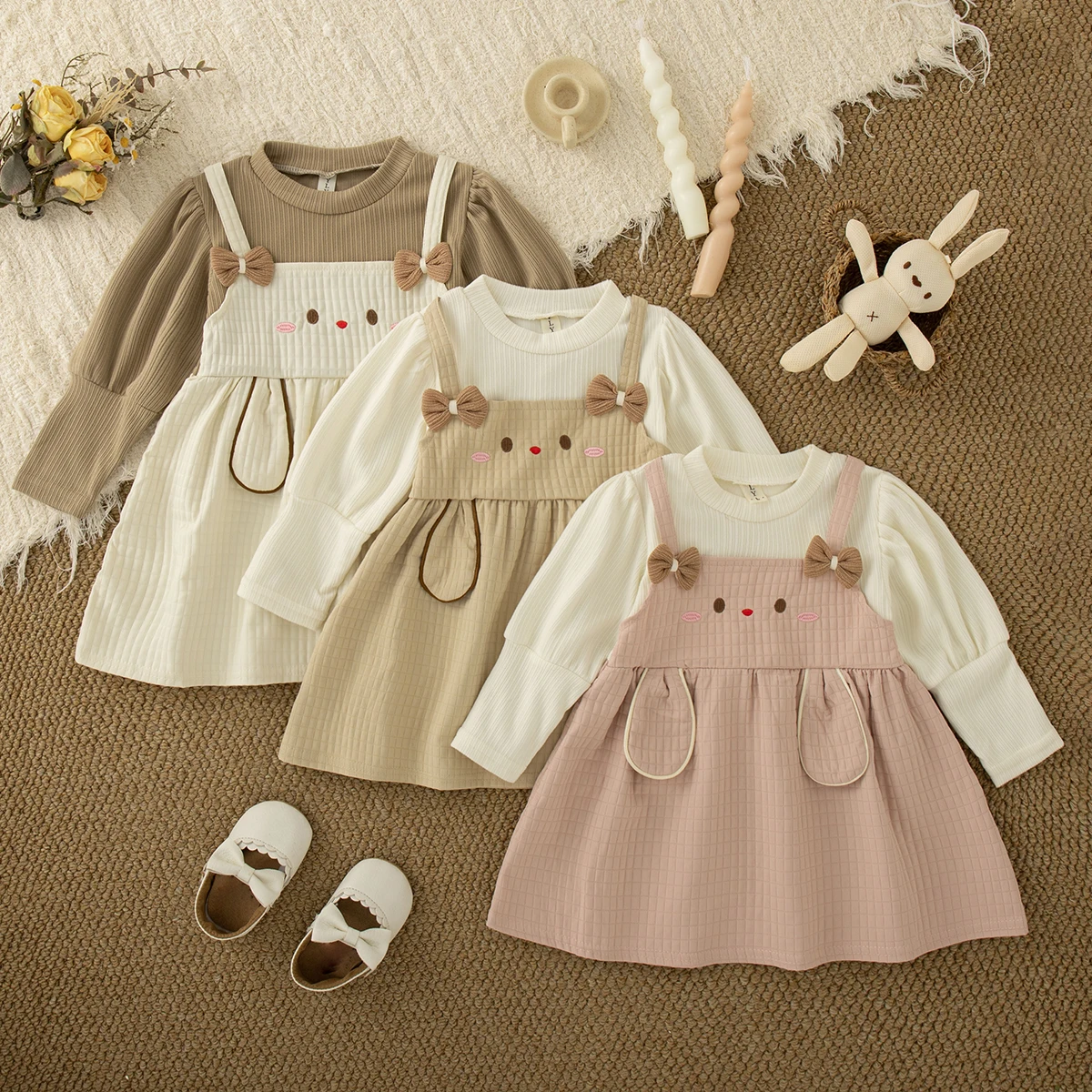 Cute Baby Girl Dress Autumn/Winter New Sweet Bunny Round Neck Long Sleeved Korean Girls' Casual Dress For Daily Outdoor Wear