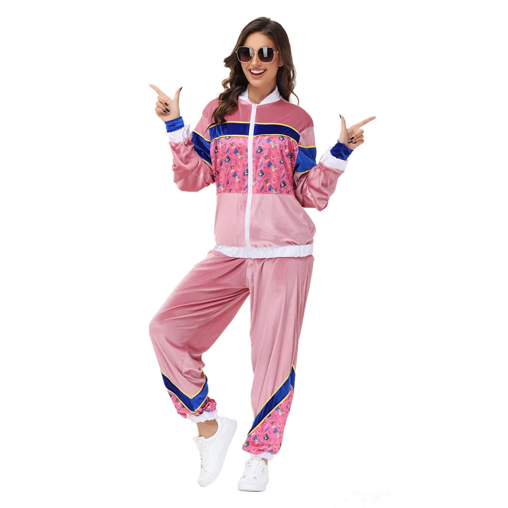 

Women Pink Velvet Tracksuit Retro 70's 80's Hippie Costume Halloween Carnival Party Disco Rock Cosplay Dress Up