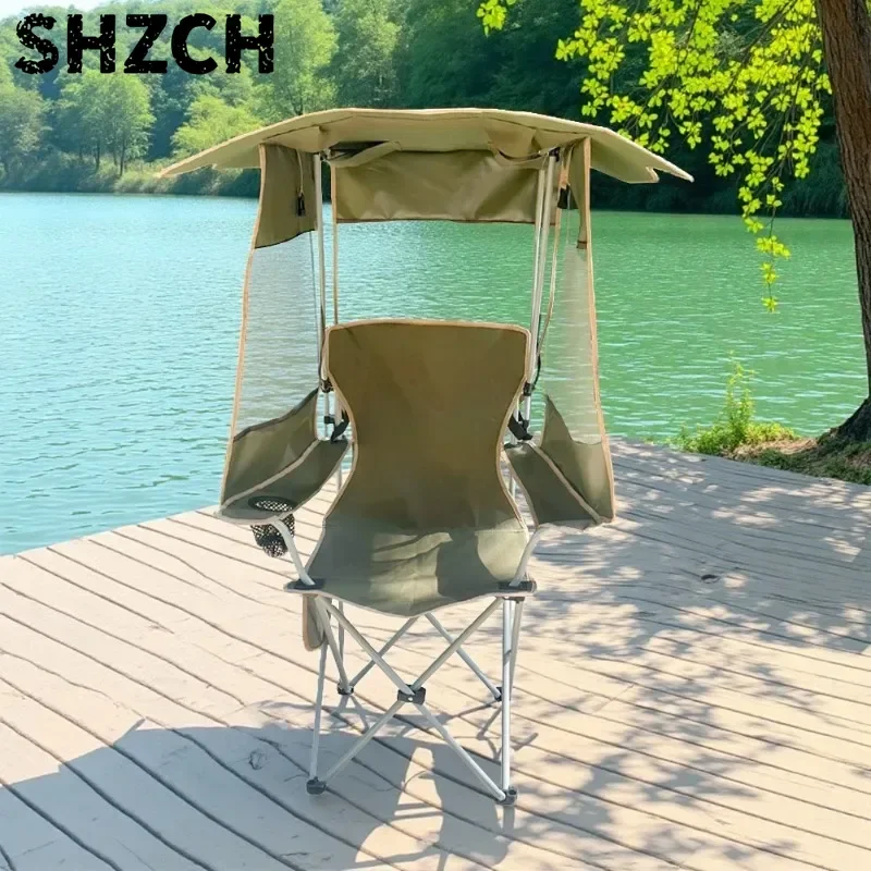 Silla plegable para exteriores con parasol, para acampar, pescar, playa, diseño compacto portátil, cómoda para barbacoa, picnic