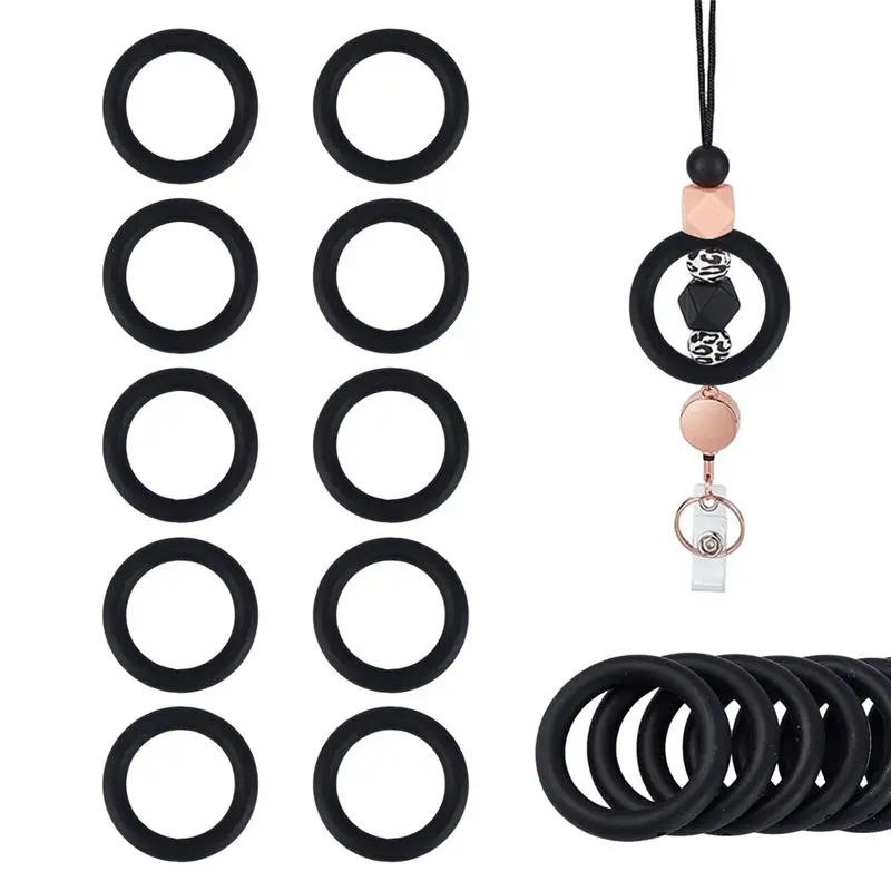 COFA-10 Pcs Silicone Beadable O Rings, 65 Mm Focal-Bead Ring Round Silicone Loop With 2 Hole, Black Rubber Loose Beads Bulk