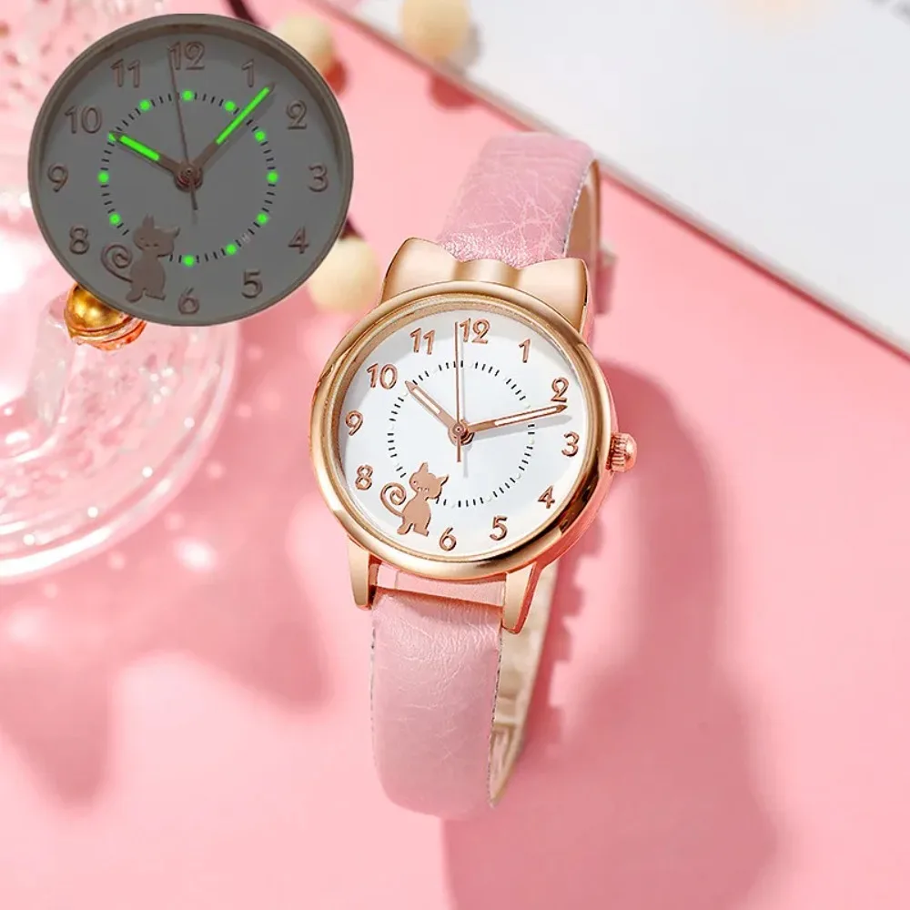 Digital Kid Watche Girl Student Leather Strap Children's Watch Golden Cat Luminous Dial Quartz Children Wristwatch