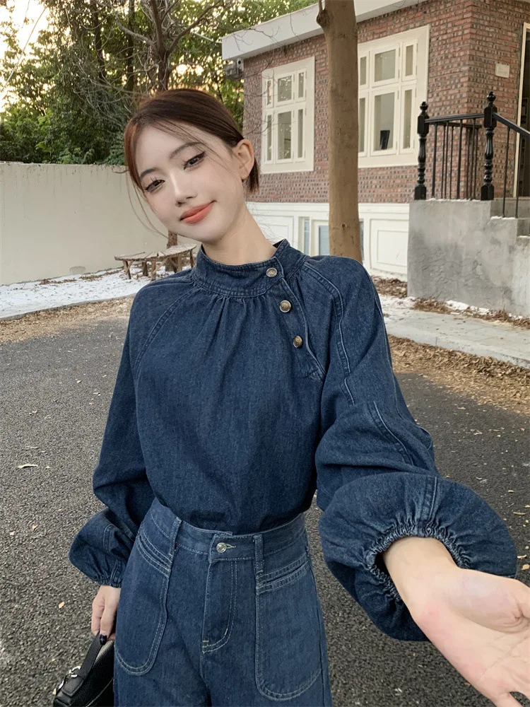 Bow Belt Denim Shirt For Women Lantern Sleeve Lapel Button Denim Tops High Waist Jeans Pantsb 2024 Spring Summer New Chic Sets