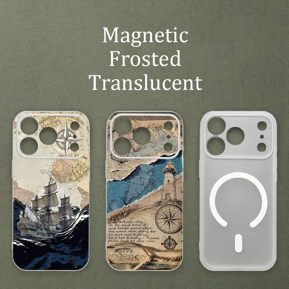 

Golden Foil Retro Nautical Printed Case For MagSafe Matte Frosted Semi Clear TPU For iPhone 15 17 16 11 12 14 13 Pro Max