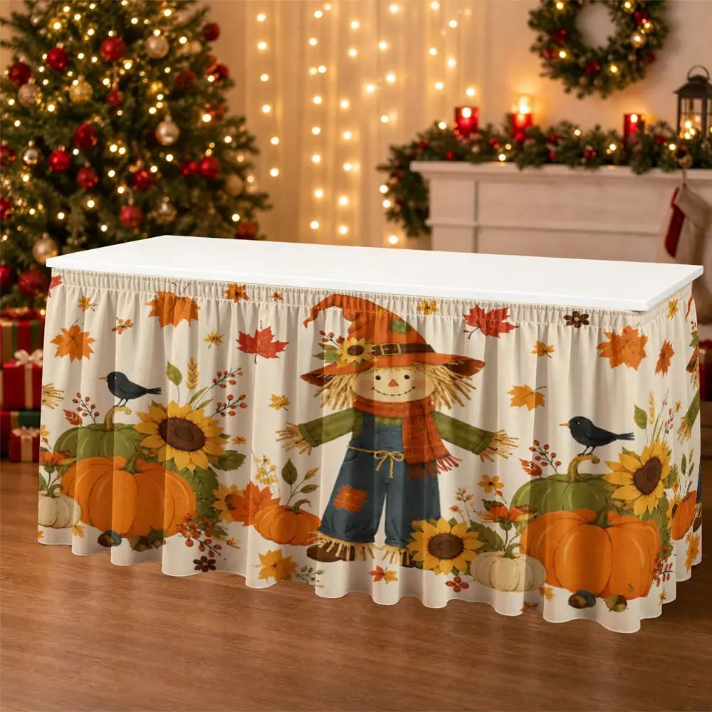 One autumn harvest festival tablecloth with a pattern of scarecrows, pumpkins and sunflowers on a tablecloth border.zyc