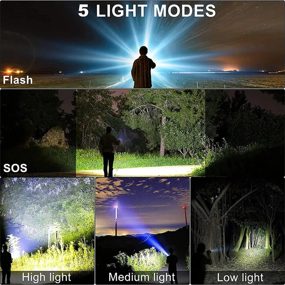 1200mah Led Solar Flashlight Tactical Rechargeable Battery LED Light Waterproof Outdoor Camping Emergency Light