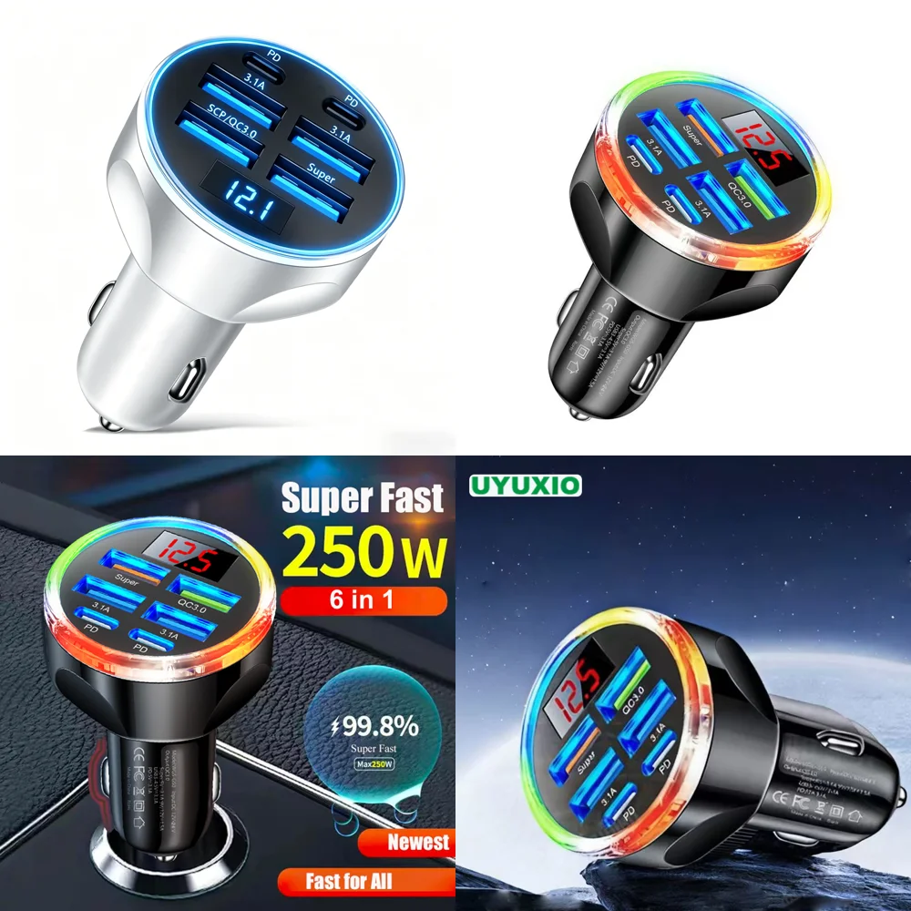 New Products 6 in 1 USB Car Charger with Volt Meter 2 PD 4 USB a Multi Port Super Fast Charging Adapter with Voltage Display