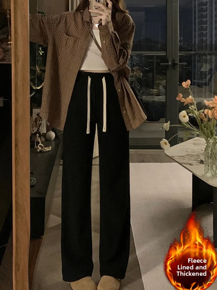 

plus Size Elastic Waist Wide Leg Straight Cut Pants Women's Autumn Winter Thiened Fce High Waist Slimming Leggings