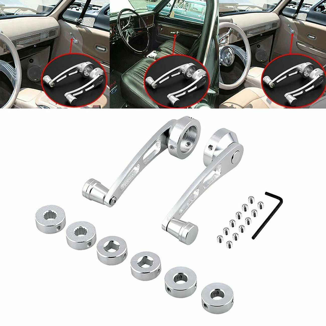 2Pcs Universal Car Window Rocking Handle Riser Winder Aluminum Alloy Winder Handle Crank Riser Kit Silver/Black