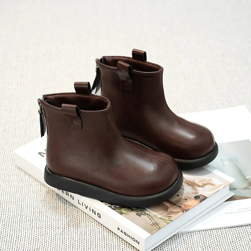 Chunky Leather Boots for Little Girls 2026 New Winter Back Zip Ankle Boots Non-slip Simple Classic School Christmas Party Boots