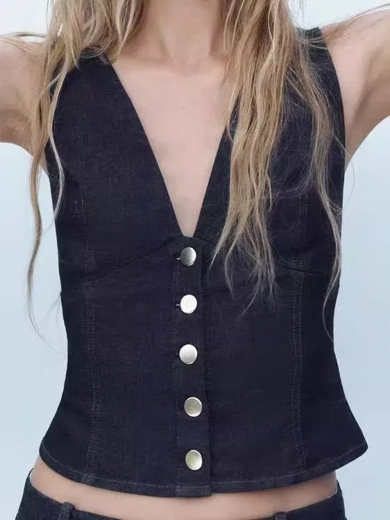 Summer New Arrival Women's V-Ne Casual Versatile Denim Vest ort Top 0779057 High Waist Commute Sle No Sve ort Dr