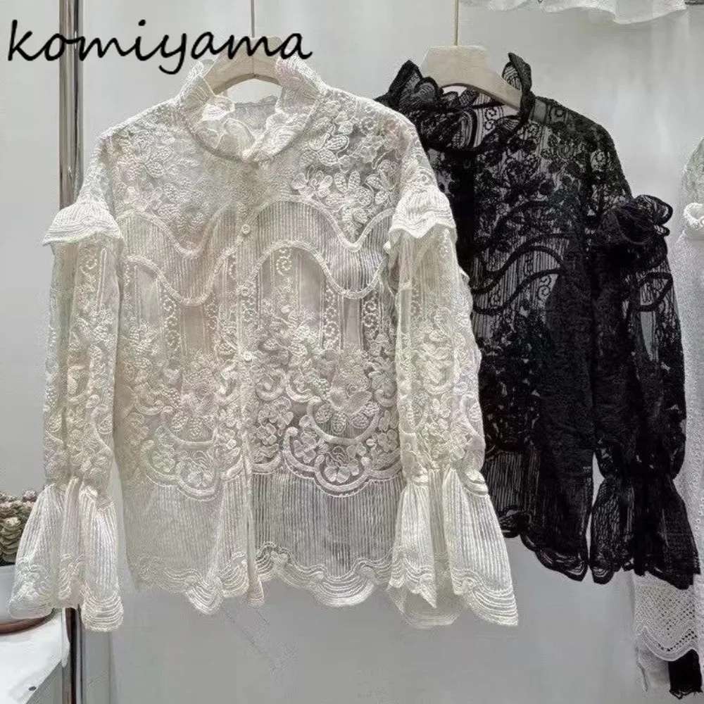 

Lace Embroidery 2025 Shirts Blouses Ruffles Long Sleeve Blusas Mujer Stand Collar Woman Clothing Court Style Ropa Fall Camisas