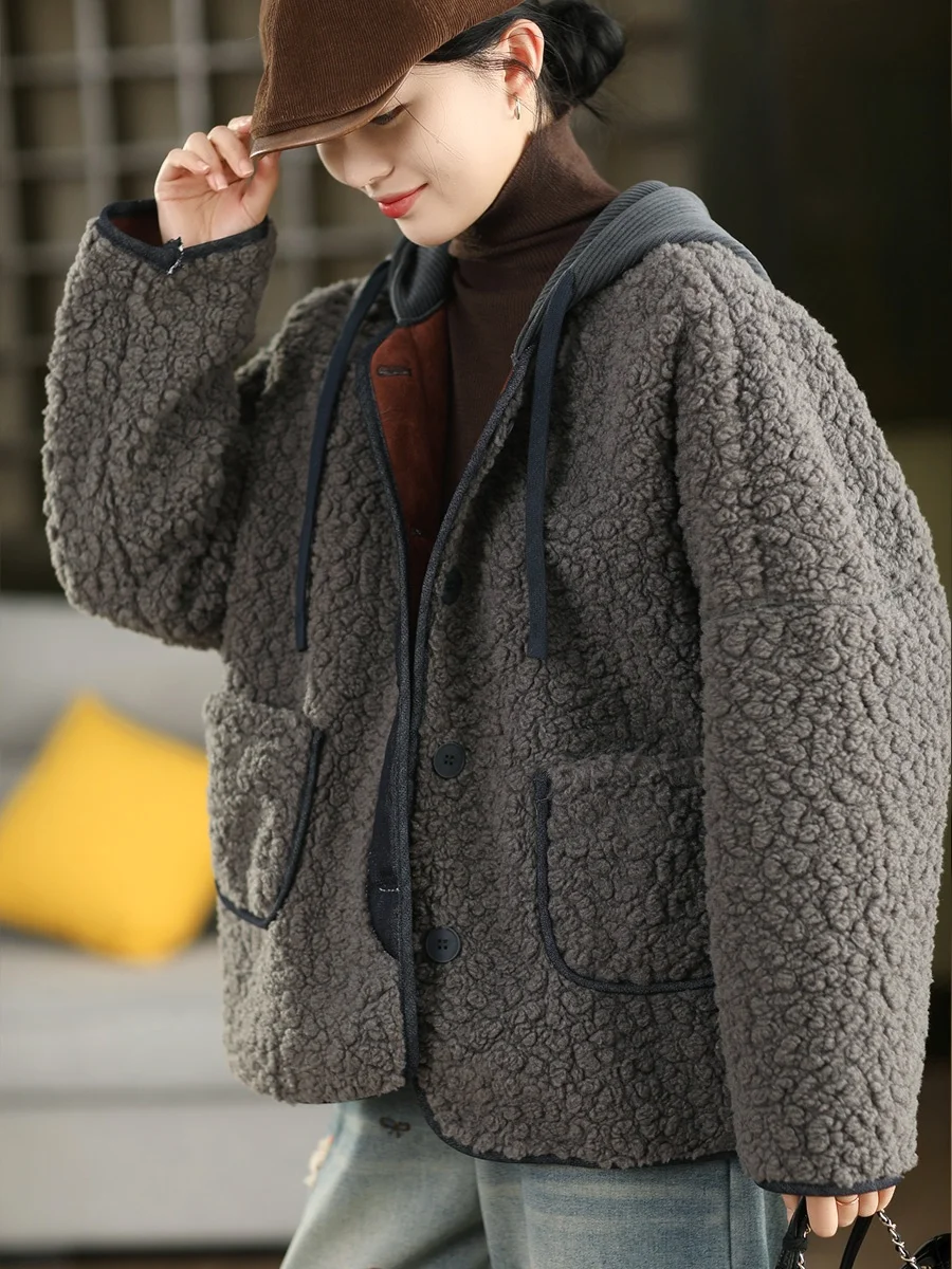 เสื้อโค้ทหนังแกะกำมะหยี่มีฮู้ดสำหรับผู้หญิง แฟชั่น ซับในหนังกลับ อุ่นสบาย เสื้อคลุมฤดูหนาว หนังและขนสัตว์