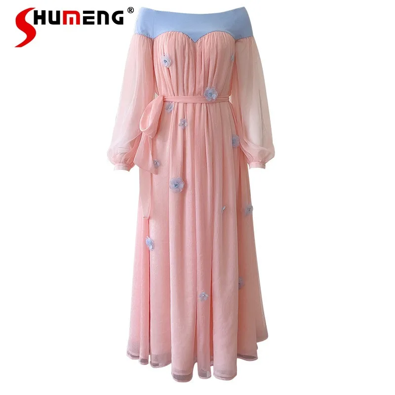 Franse Elegante Sexy Off-Hals Losse Feeënjurk Met Lange Mouwen, Afslankende Driedimensionale Bloem Chiffon Jurk Vestidos Femininos