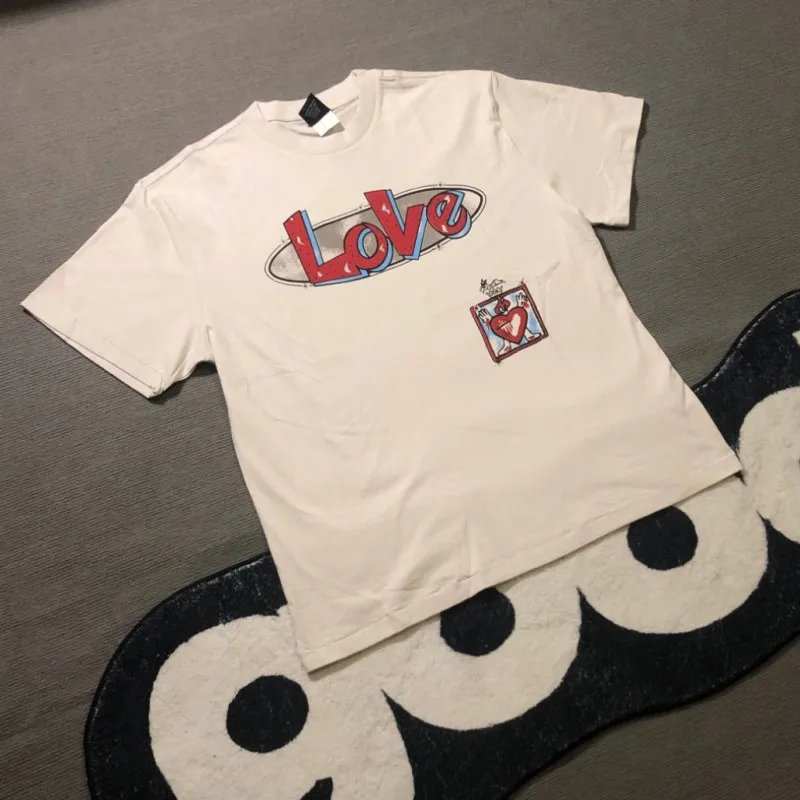 

Summer Casual Streetwear Saint Tshirts Cartoon Red Heart Love Round Neck Short Sleeve Men Women Washed White Tops Outfit