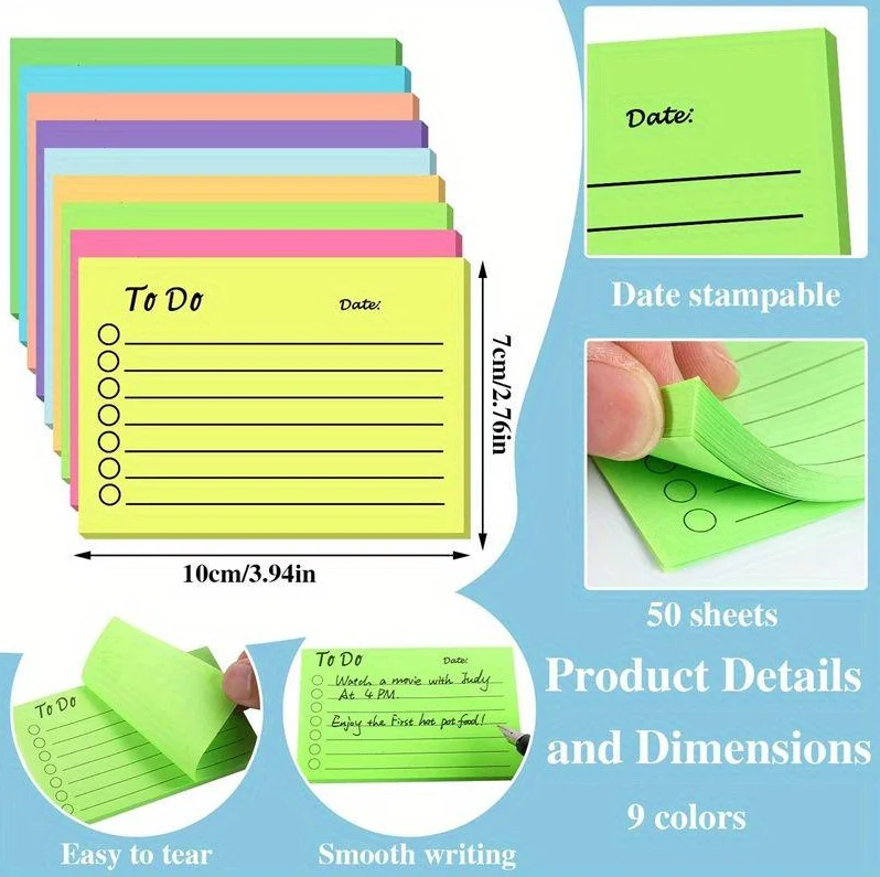 5팩(1팩=50매) 스티키 노트-다양한 색상, 날짜 표시, 일일 작업 계획을 위한 줄이 있는 할 일 노트 문구류