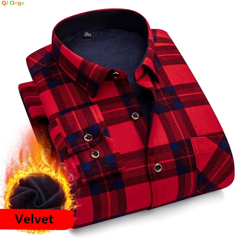 2026 Winter New Men's Red Long Sleeve Fleece Shirt, Single Breasted Square Collar Thick Shirts, Asian Size Camisa Men Chemise